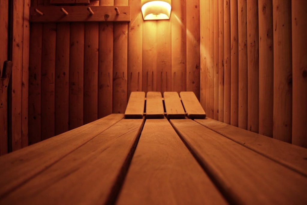 Sauna interior in dark timber with a single lamp above the bench